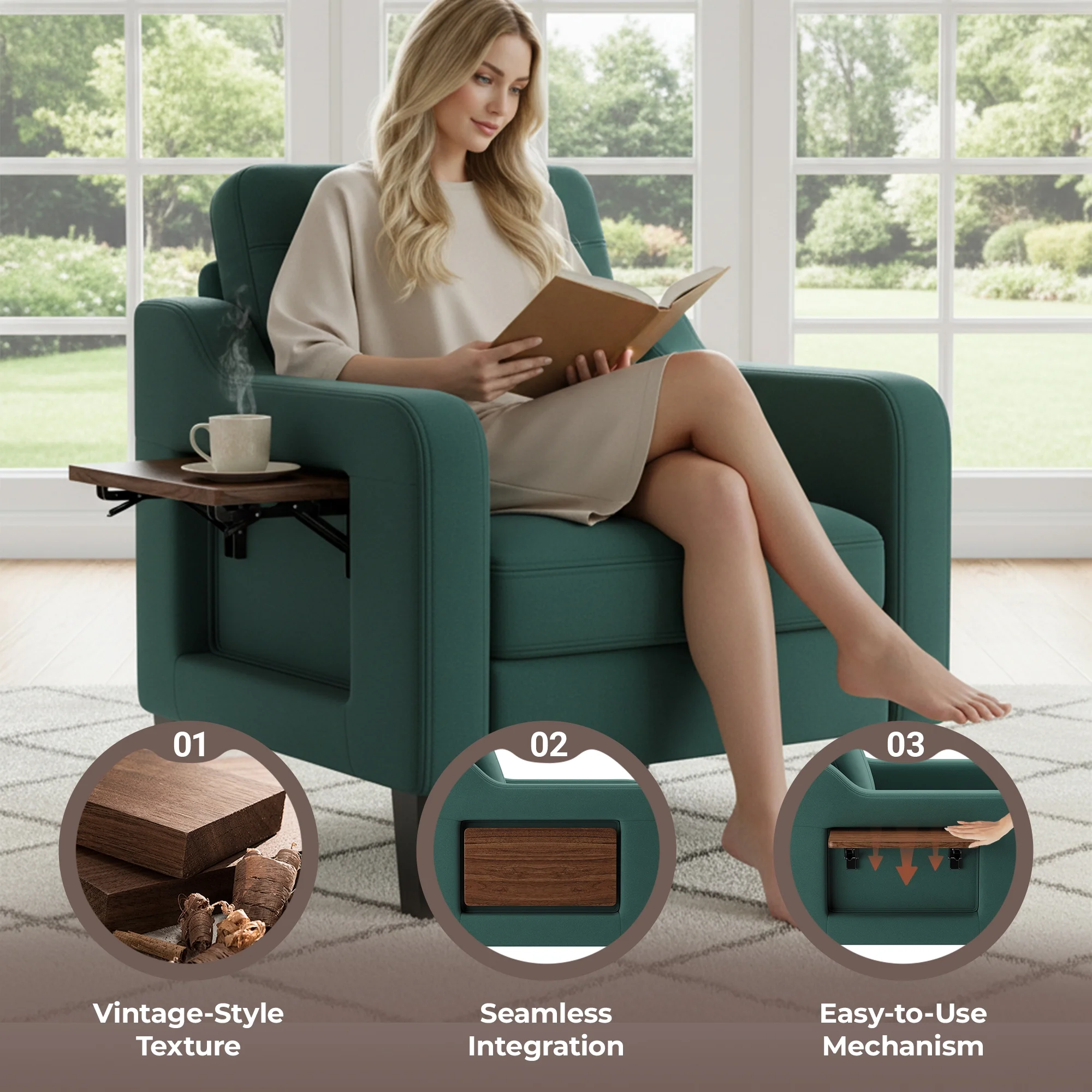 Modern Upholstered Armchair, Linen Fabric Accent Chair with 2 Side Pockets - Image 4