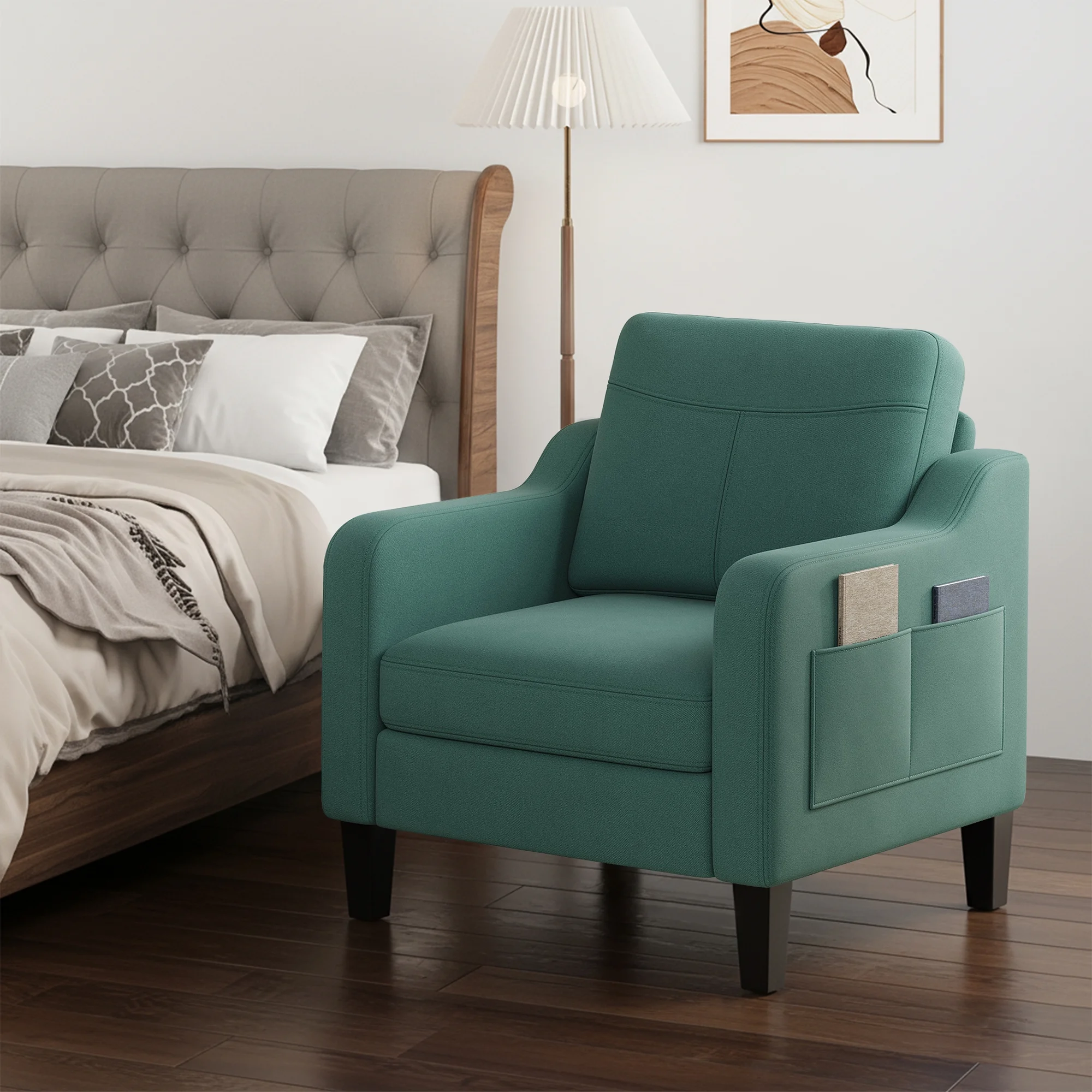 Modern Upholstered Armchair, Linen Fabric Accent Chair with 2 Side Pockets