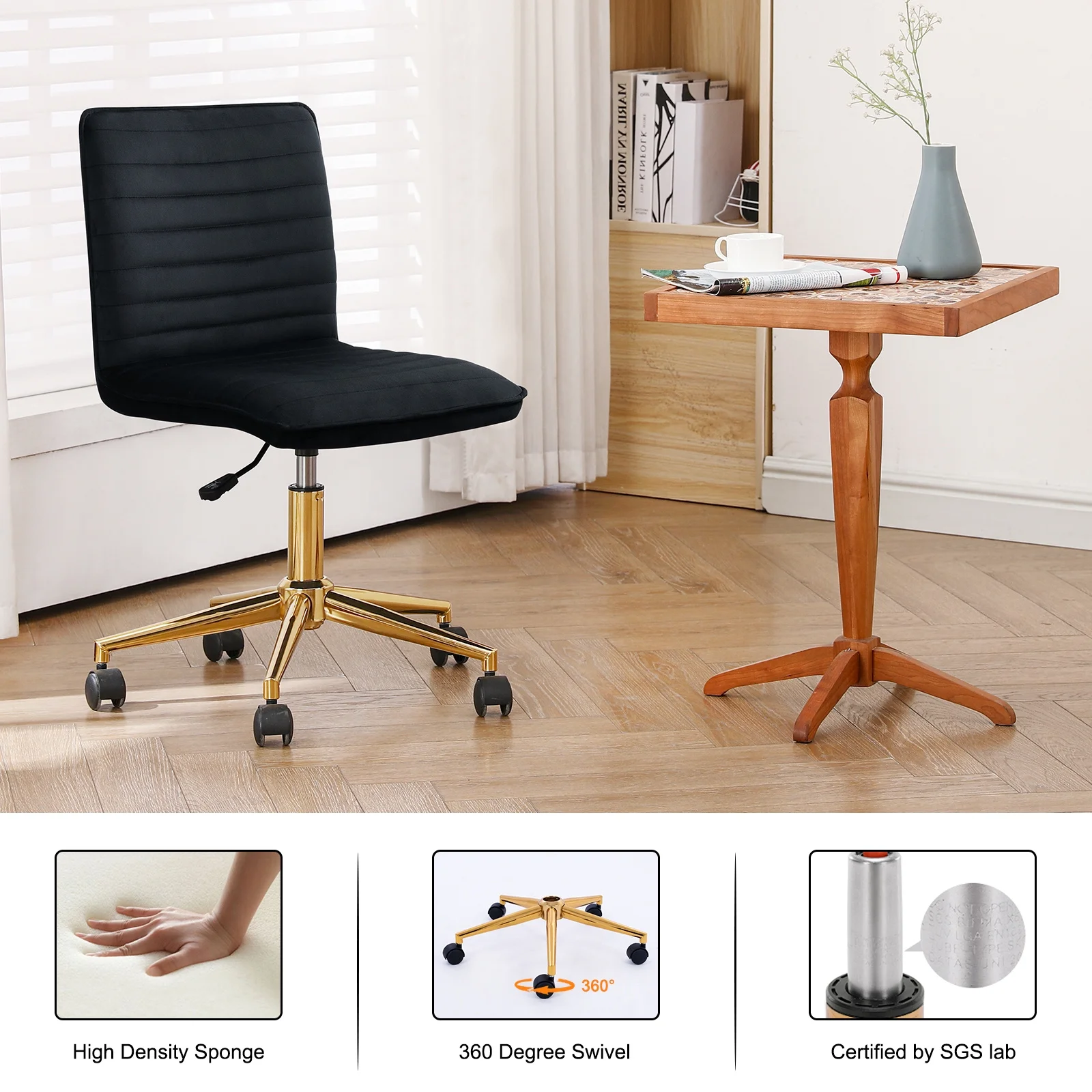 Velvet Mid-Back Home Office Chair Swivel Adjustable Small Chair for Bedroom Office Room, Black - Image 3